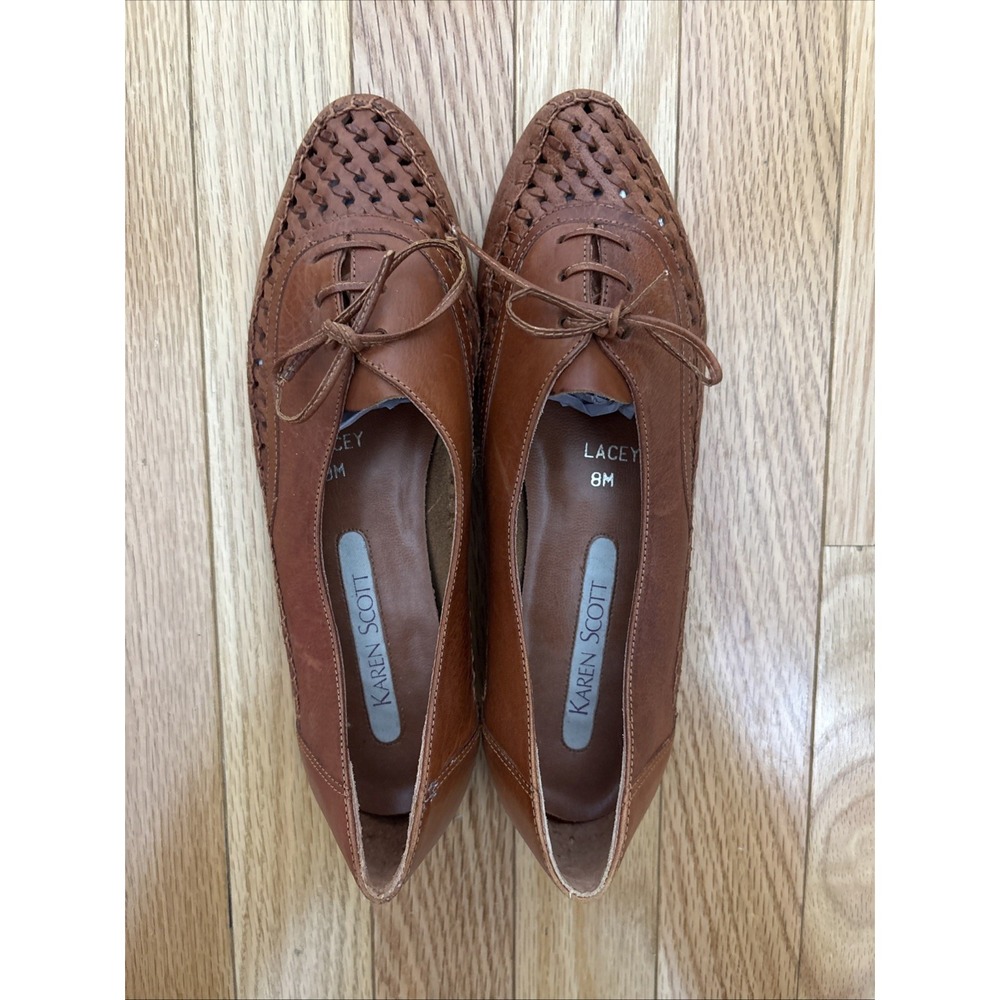 Vintage Karen Scott Brown Leather Woven Lace Up Flat - Size‎ 8